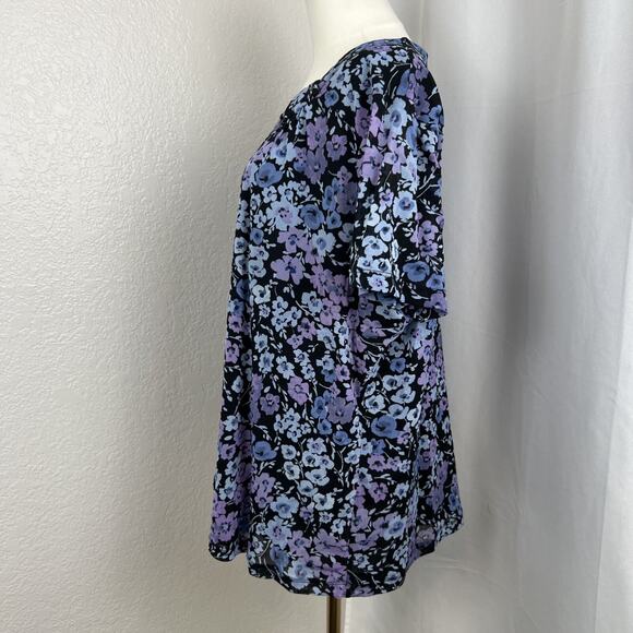 Croft Barrow Top Womens 3X Blue Floral Mesh Overlay Cottagecore Boho Y2K Fairy - Picture 3 of 10